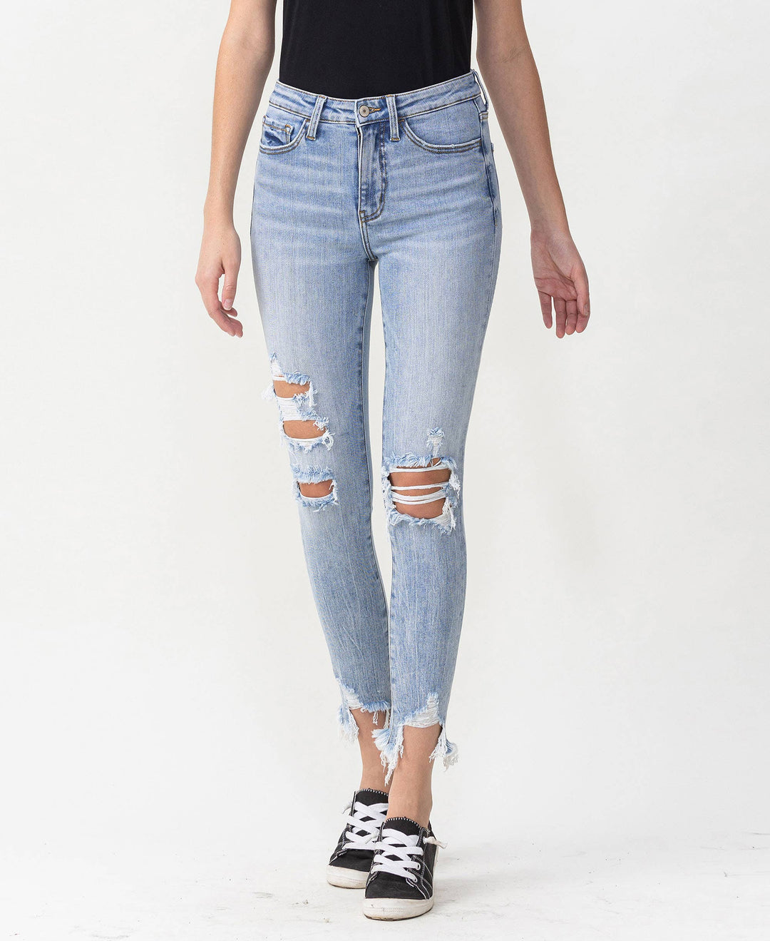 HIGH RISE DISTRESSED ANKLE SKINNY JEANS