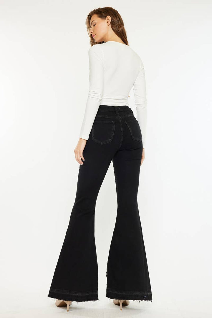HIGH RISE FRAYED HEM SUPER FLARE JEANS-KC3020BK