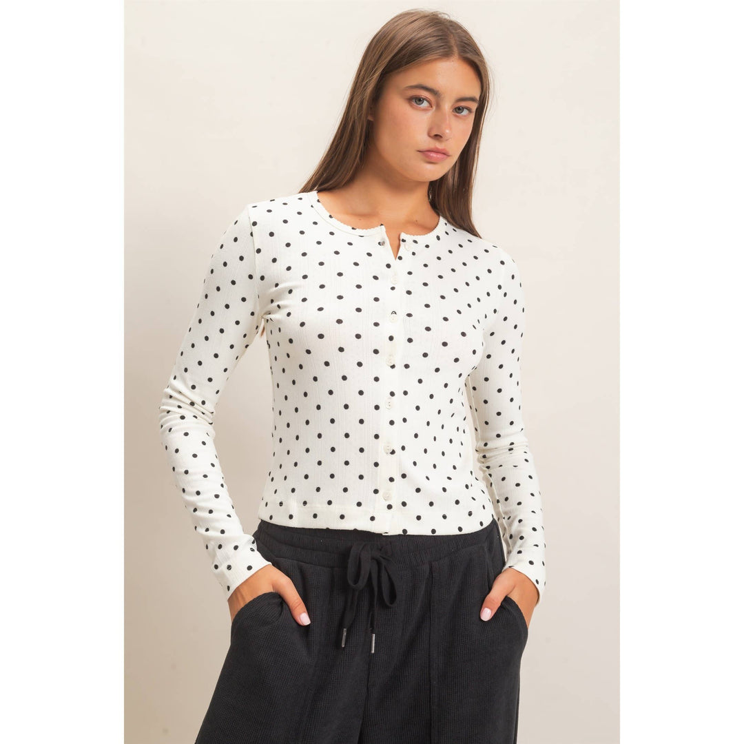 Polka Dot Button Front Long Sleeve Top