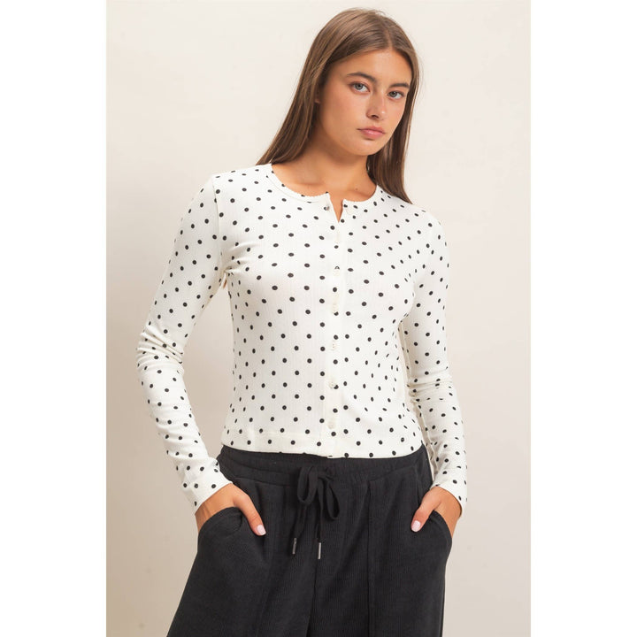 Polka Dot Button Front Long Sleeve Top