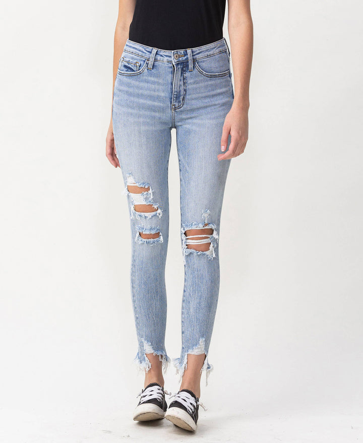 HIGH RISE DISTRESSED ANKLE SKINNY JEANS