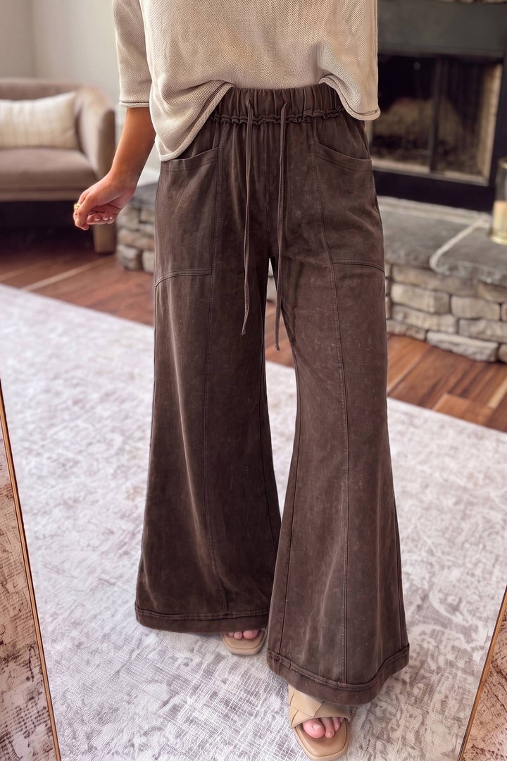 HOT Mineral Wash Seam Detail Flare Leg Drawstring Pants