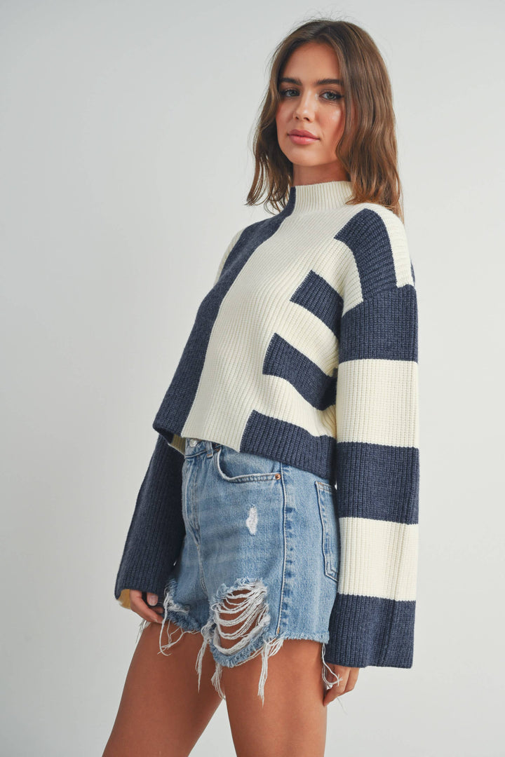 Color Block Mock Turtleneck Sweater
