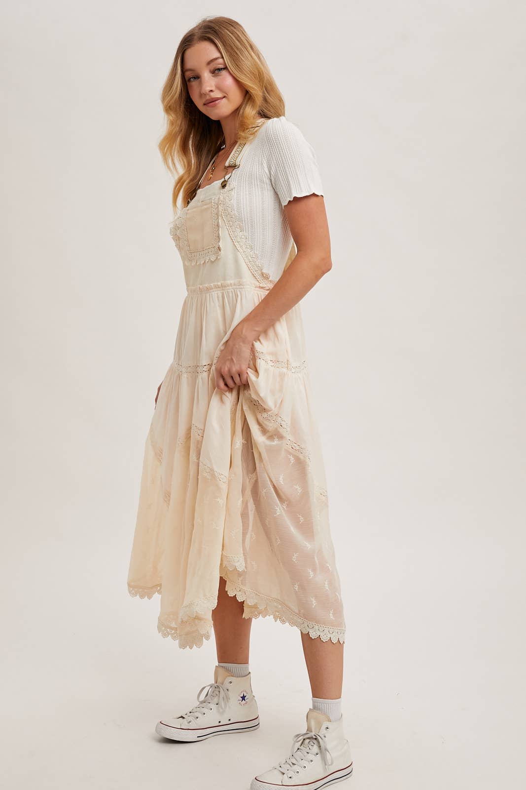 LACE EMBROIDERED TULLE BIB MAXI DRESS WITH LINING