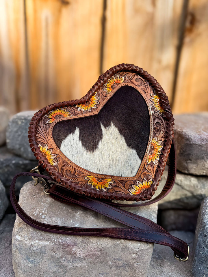 Sunflower Sweetheart Crossbody | Tooled Leather &amp; Cowhide Heart Purse