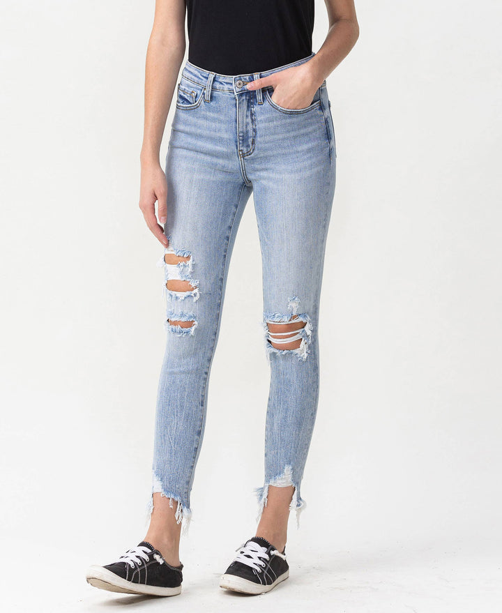 HIGH RISE DISTRESSED ANKLE SKINNY JEANS