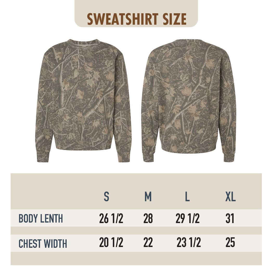 MAKE HEAVEN CROWDED Deadwood Tree Camo Puff Print Crewneck