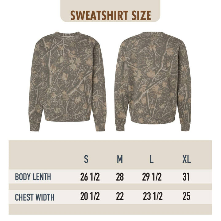 MAKE HEAVEN CROWDED Deadwood Tree Camo Puff Print Crewneck
