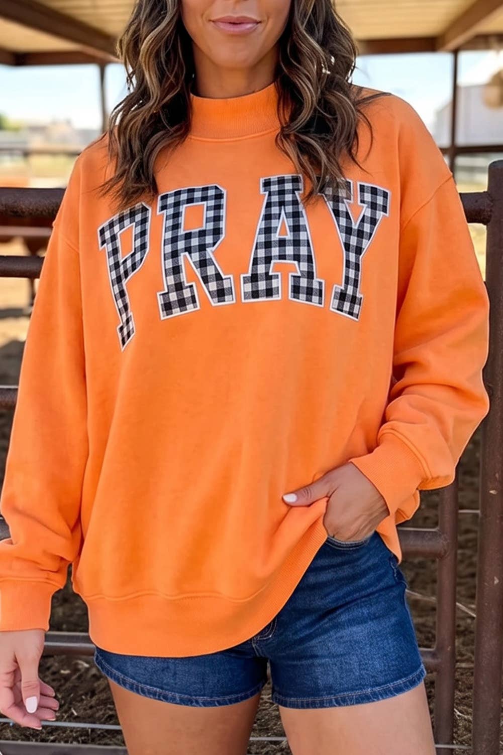 PRAY Plaid Mock Neck Sweatshirt- Orange