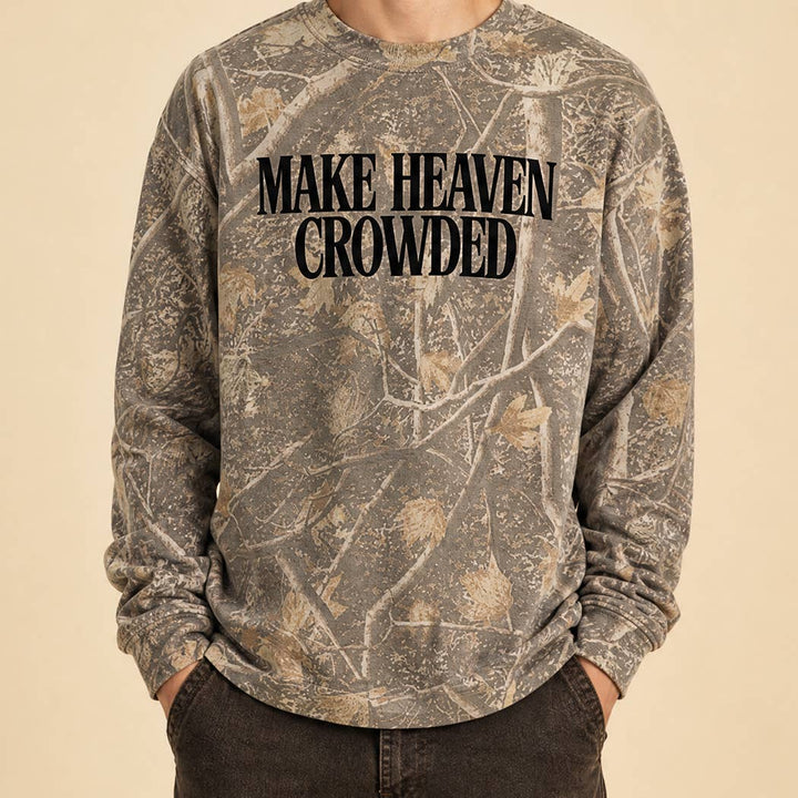 MAKE HEAVEN CROWDED Deadwood Tree Camo Puff Print Crewneck