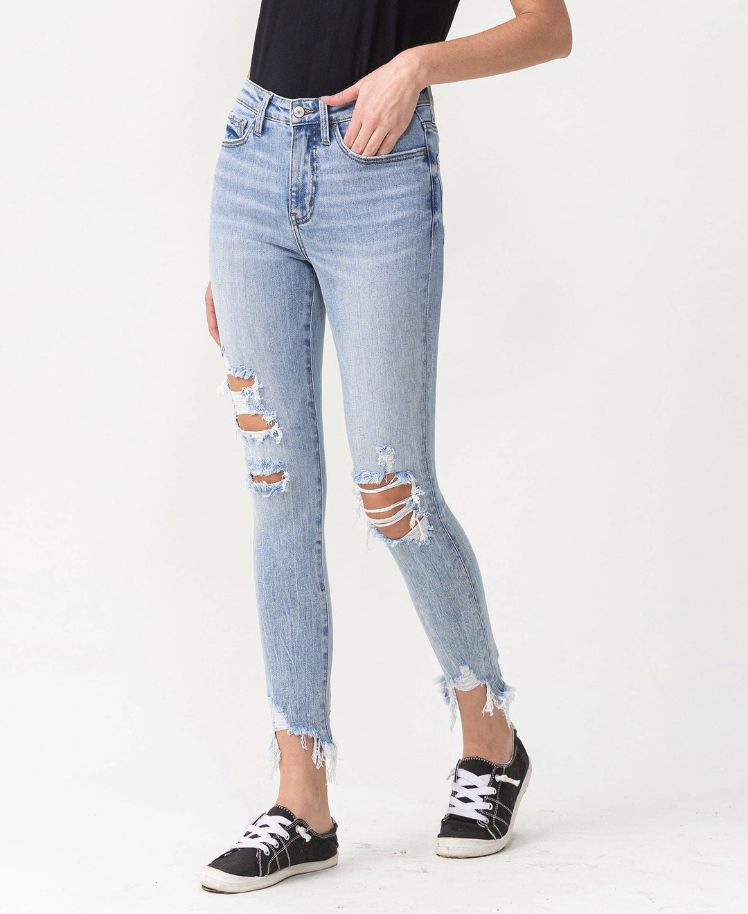 HIGH RISE DISTRESSED ANKLE SKINNY JEANS