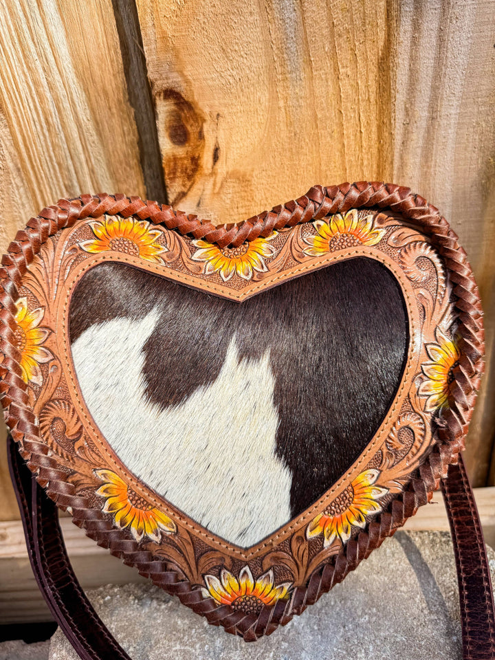 Sunflower Sweetheart Crossbody | Tooled Leather &amp; Cowhide Heart Purse