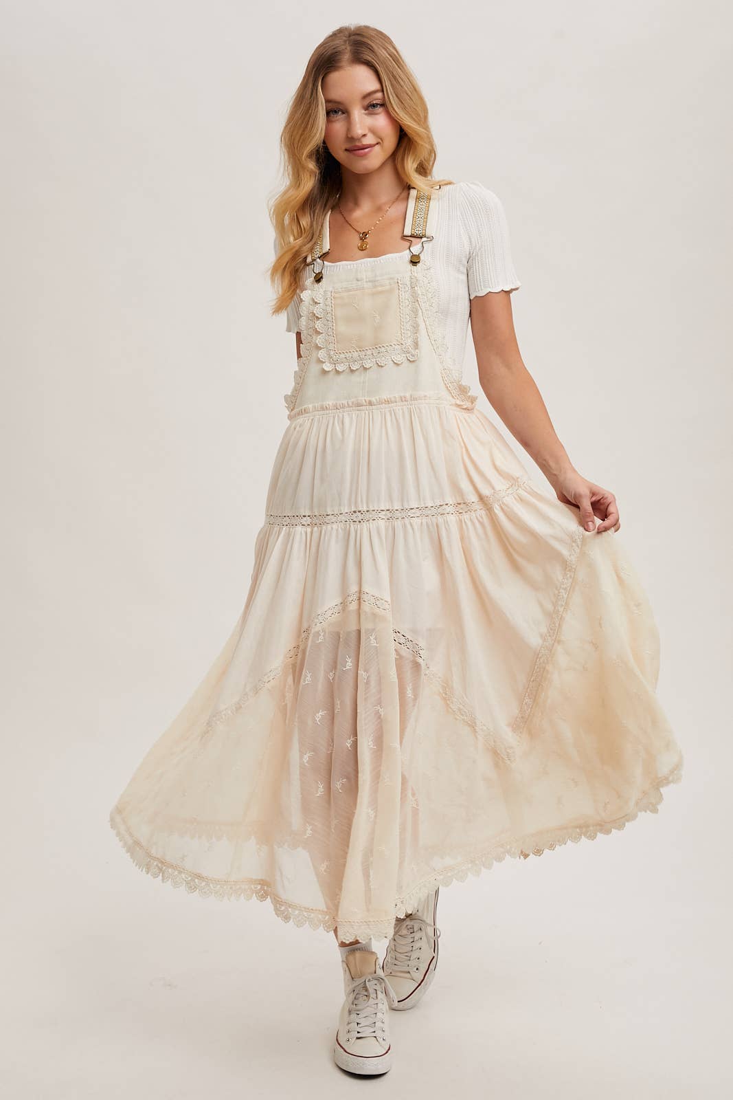 LACE EMBROIDERED TULLE BIB MAXI DRESS WITH LINING