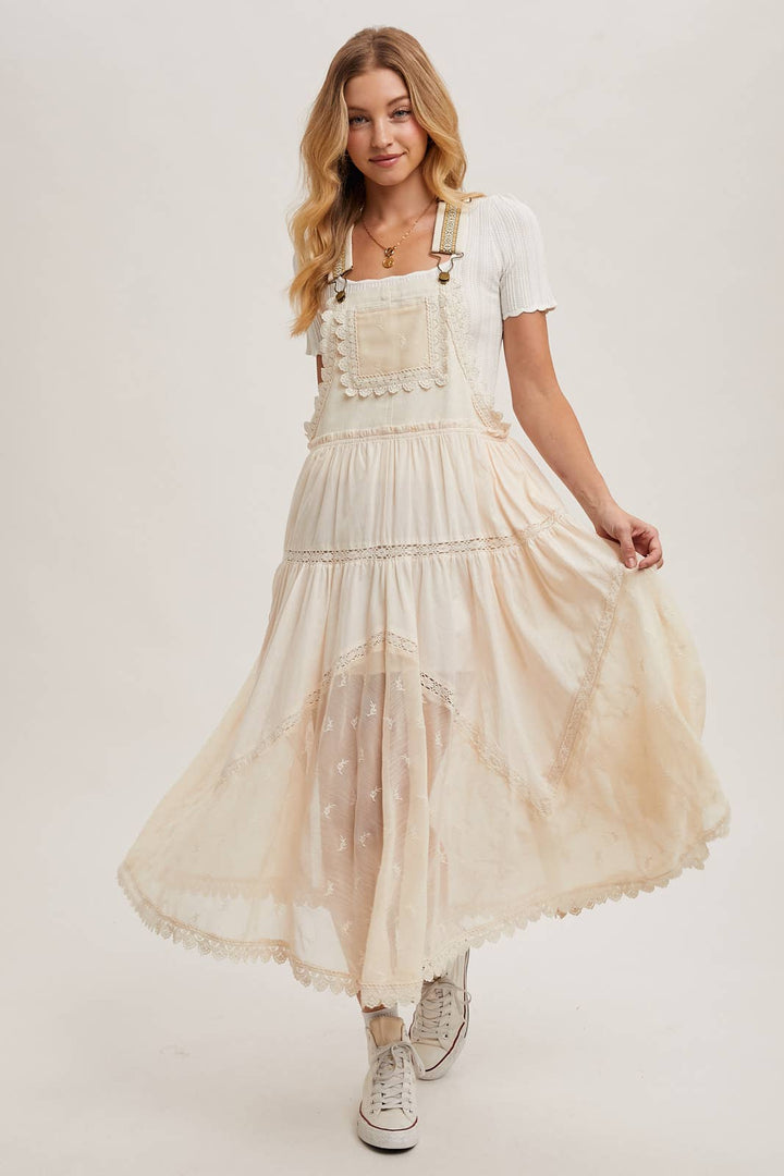 LACE EMBROIDERED TULLE BIB MAXI DRESS WITH LINING