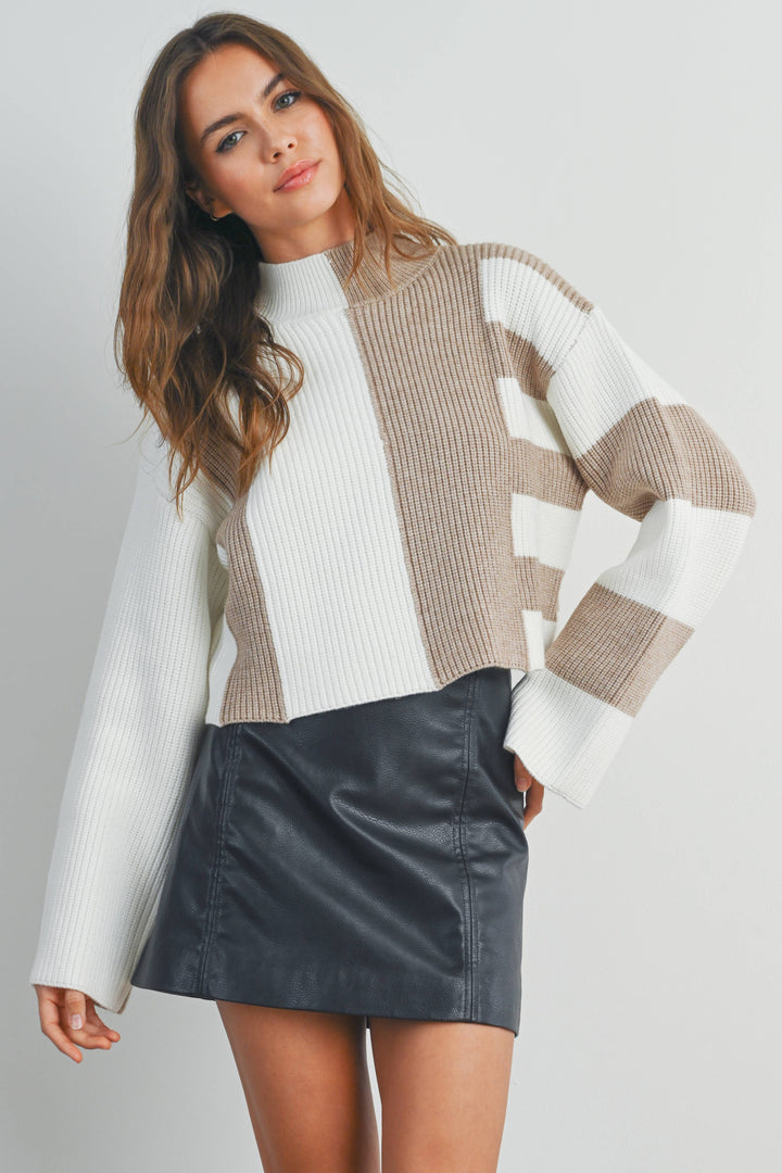 Color Block Mock Turtleneck Sweater