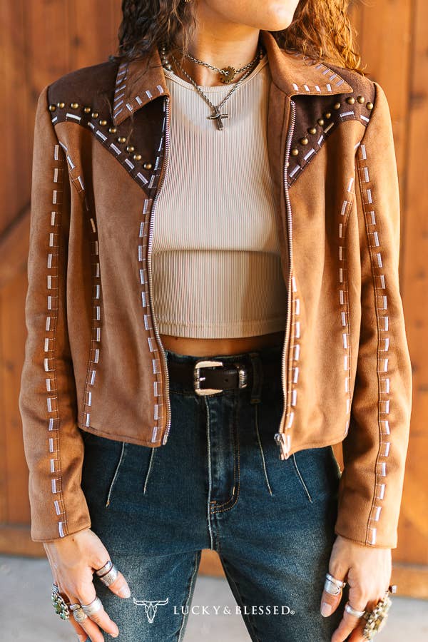 Brown Western Buckstitch Studded Faux Suede Jacket