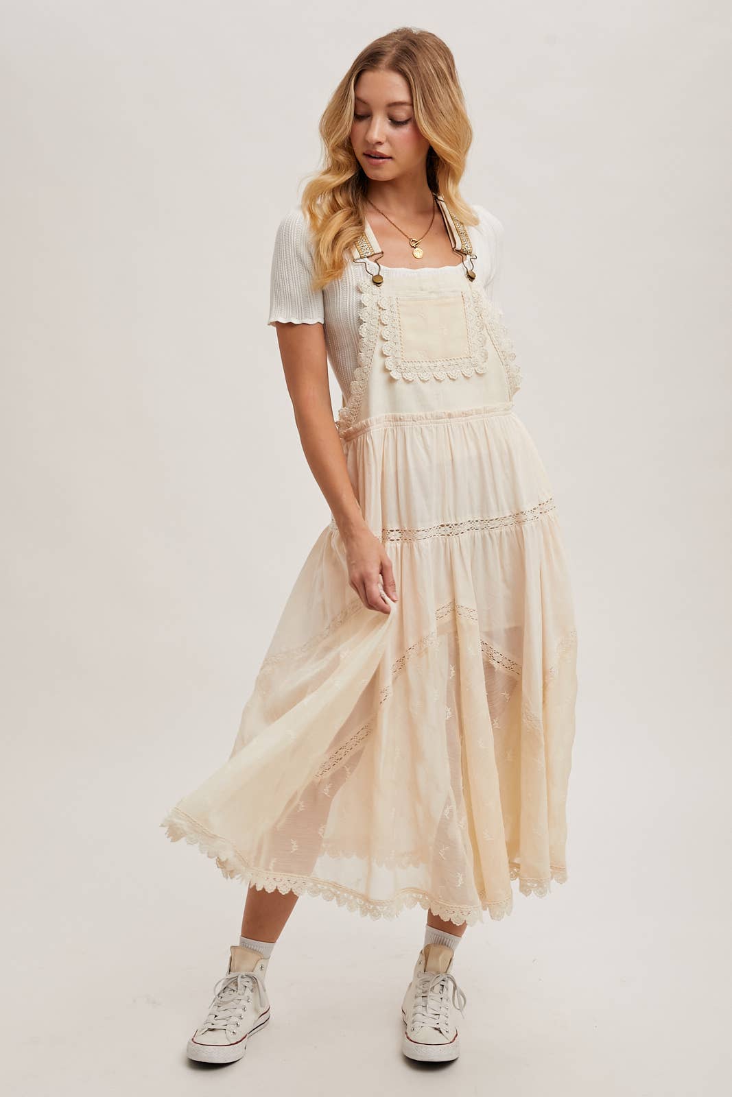 LACE EMBROIDERED TULLE BIB MAXI DRESS WITH LINING