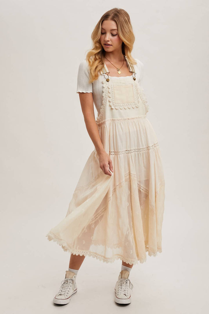 LACE EMBROIDERED TULLE BIB MAXI DRESS WITH LINING