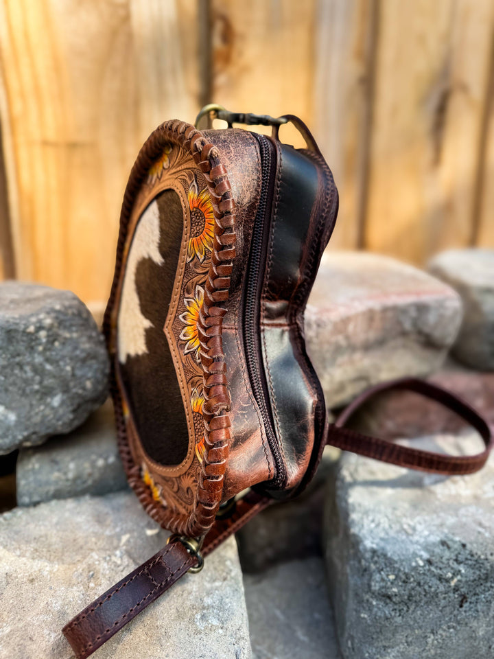 Sunflower Sweetheart Crossbody | Tooled Leather &amp; Cowhide Heart Purse