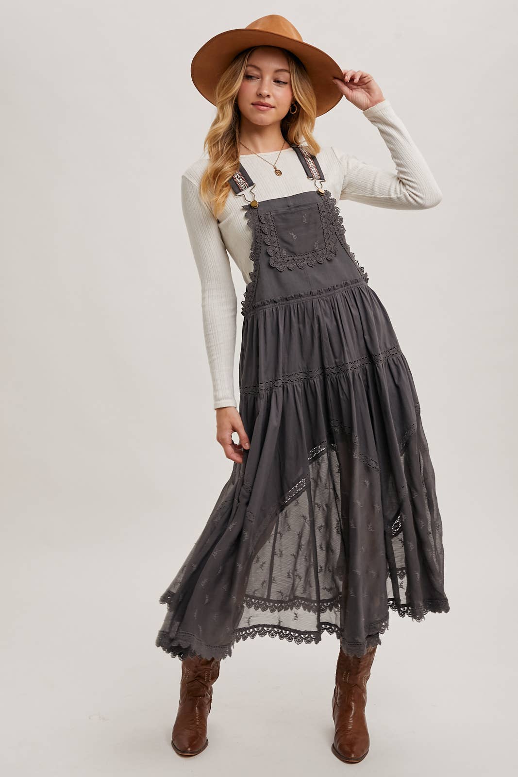 LACE EMBROIDERED TULLE BIB MAXI DRESS WITH LINING
