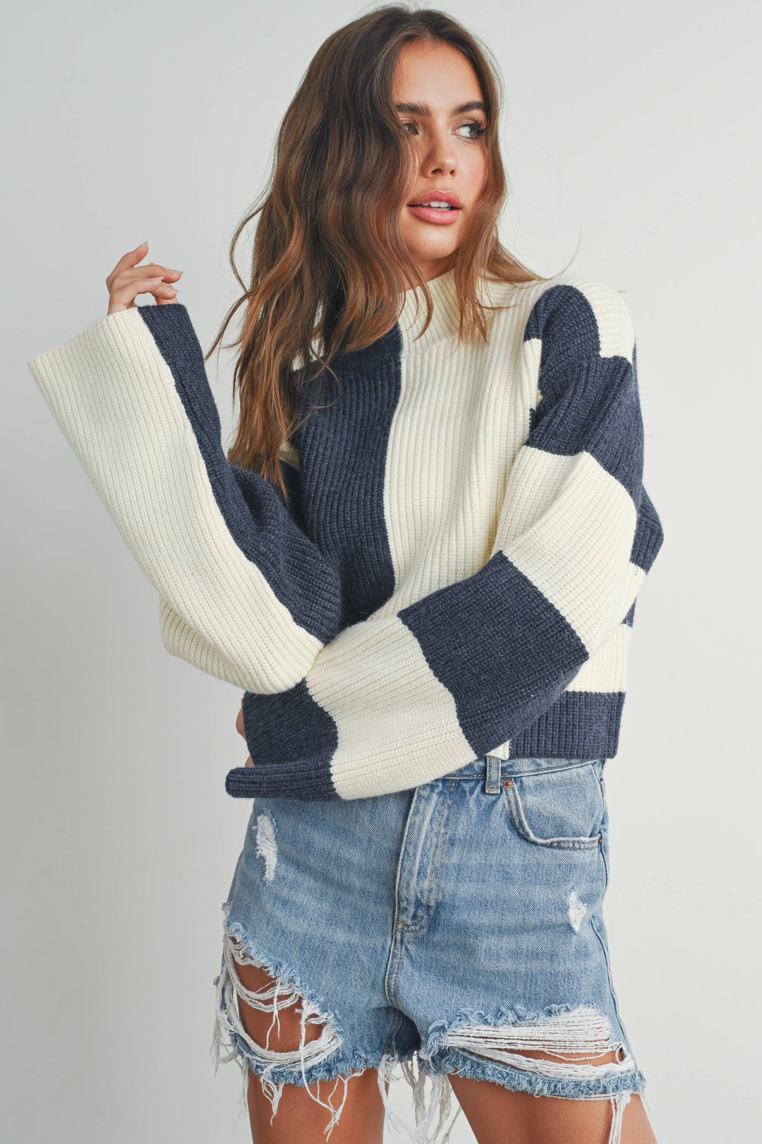 Color Block Mock Turtleneck Sweater