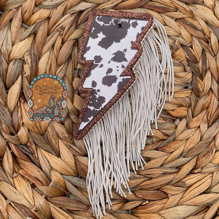 Chocolate Cow Print Bolt Freshie With Fringe Car Freshie
