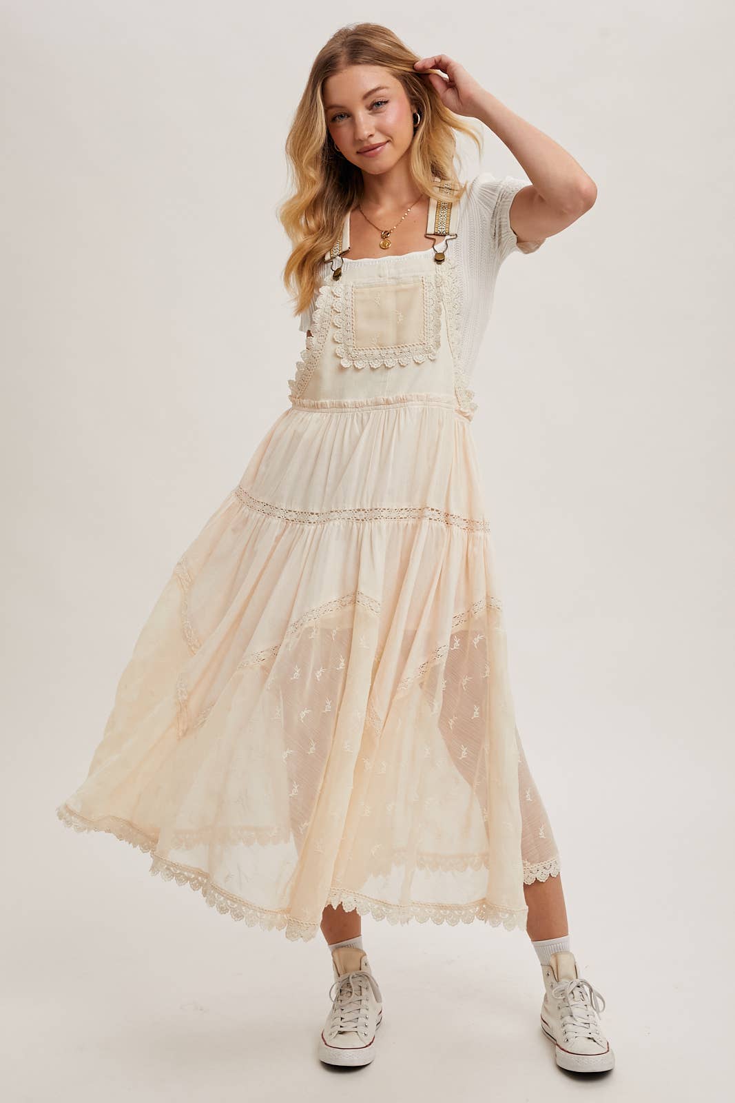 LACE EMBROIDERED TULLE BIB MAXI DRESS WITH LINING