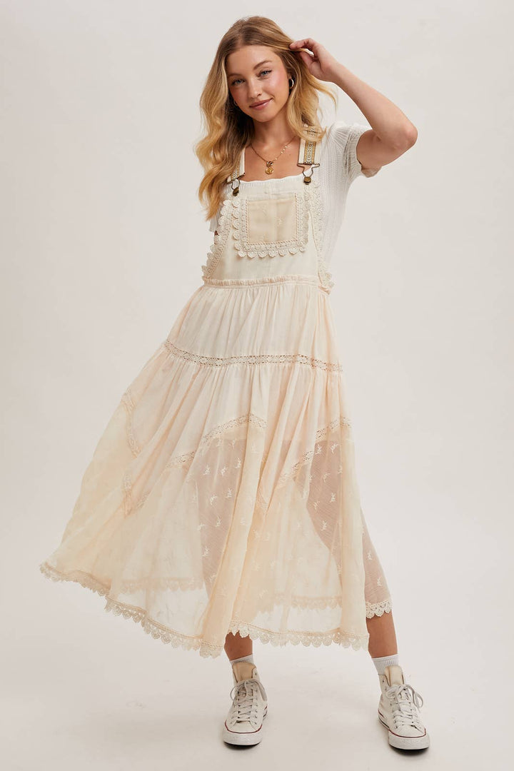LACE EMBROIDERED TULLE BIB MAXI DRESS WITH LINING