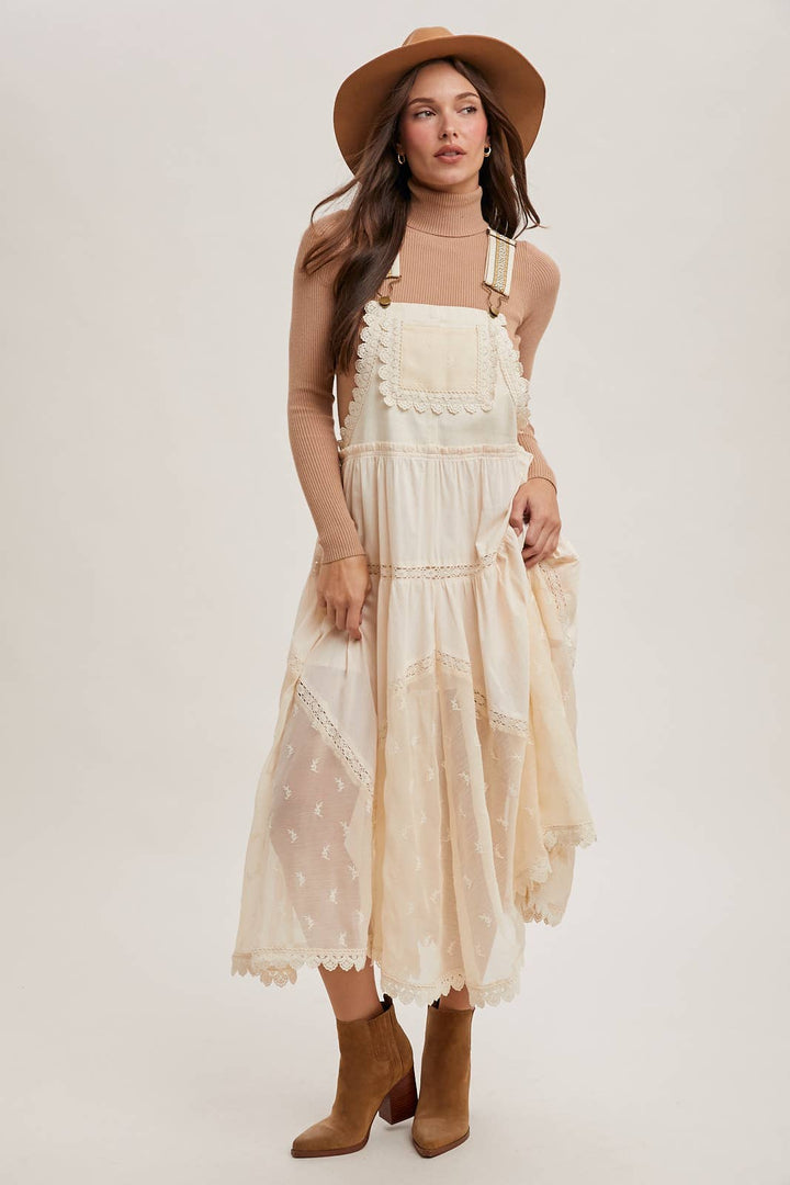 LACE EMBROIDERED TULLE BIB MAXI DRESS WITH LINING