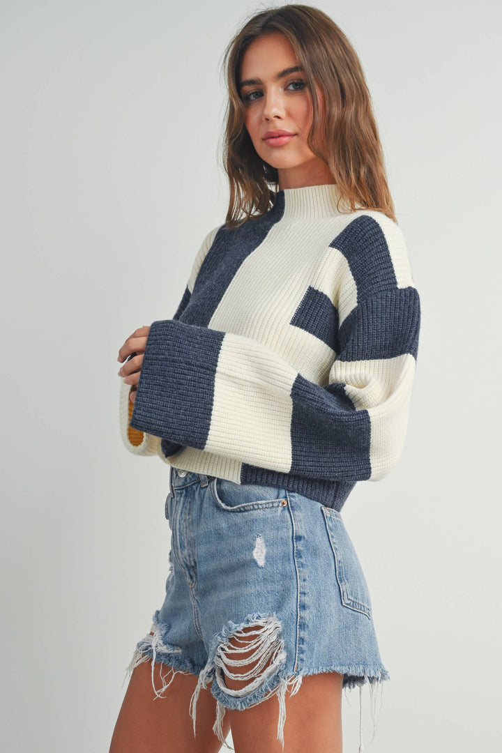Color Block Mock Turtleneck Sweater