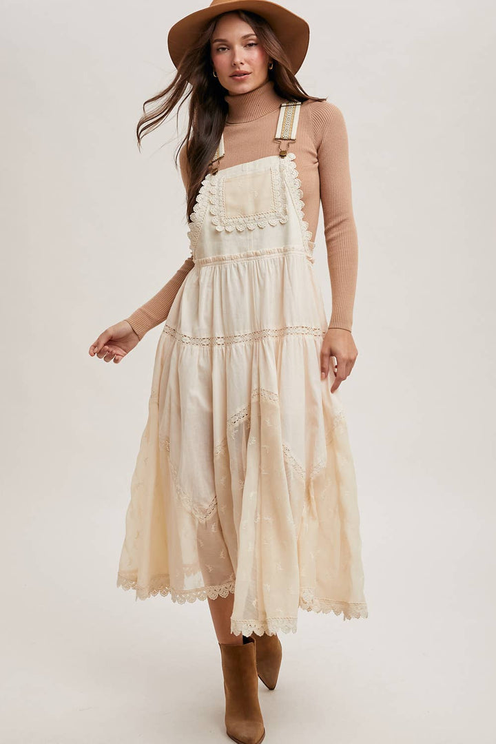 LACE EMBROIDERED TULLE BIB MAXI DRESS WITH LINING
