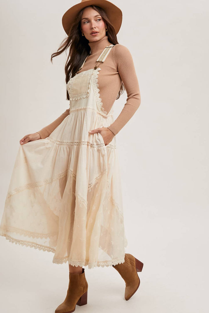 LACE EMBROIDERED TULLE BIB MAXI DRESS WITH LINING