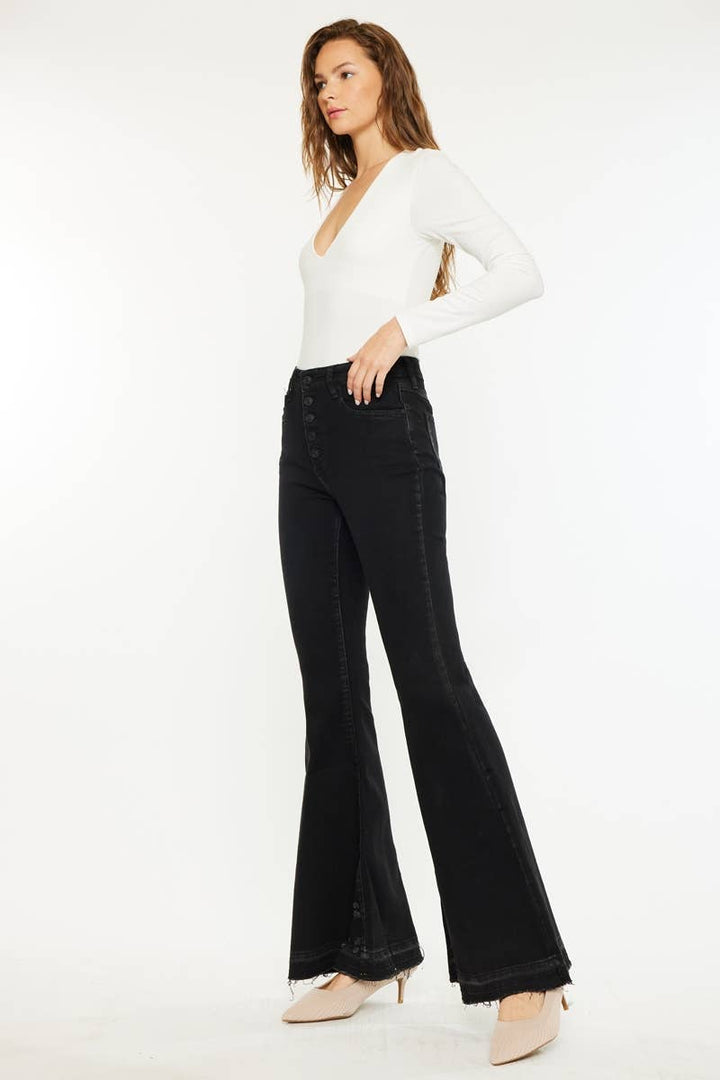 HIGH RISE FRAYED HEM SUPER FLARE JEANS-KC3020BK