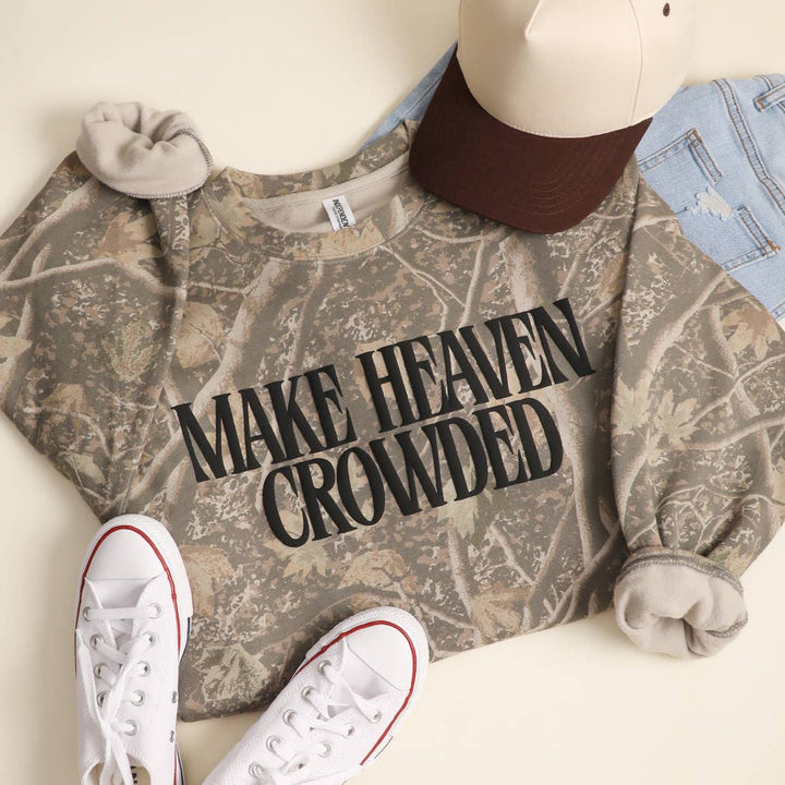 MAKE HEAVEN CROWDED Deadwood Tree Camo Puff Print Crewneck