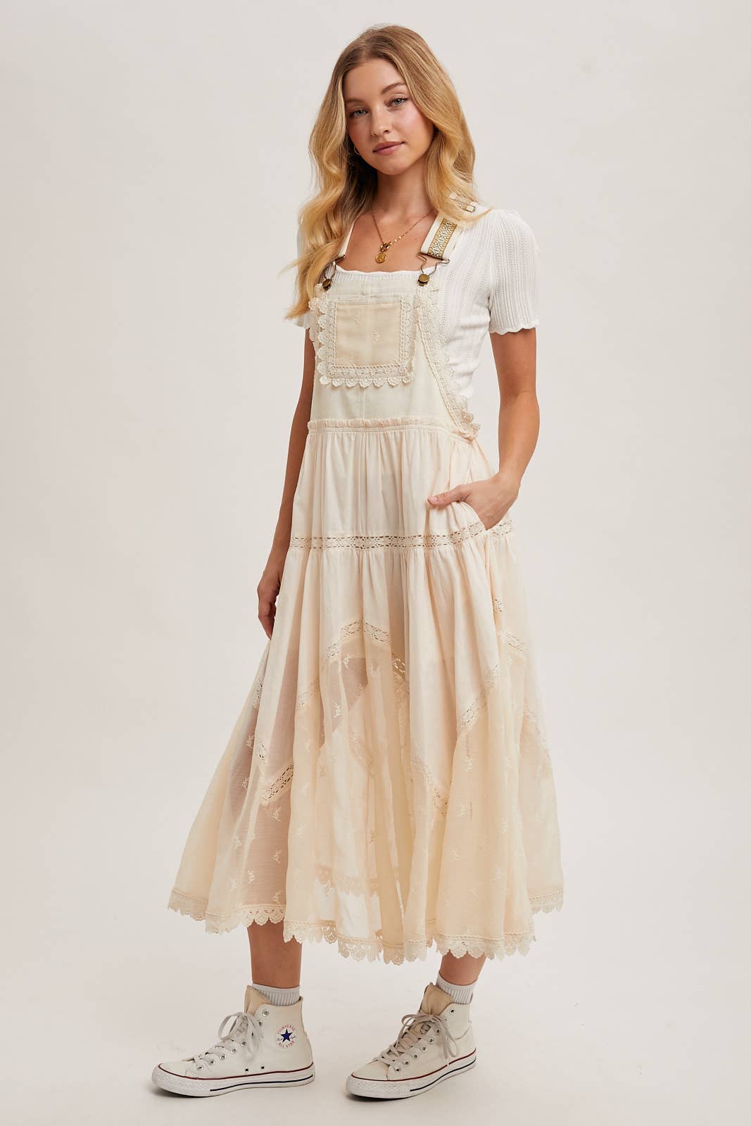 LACE EMBROIDERED TULLE BIB MAXI DRESS WITH LINING