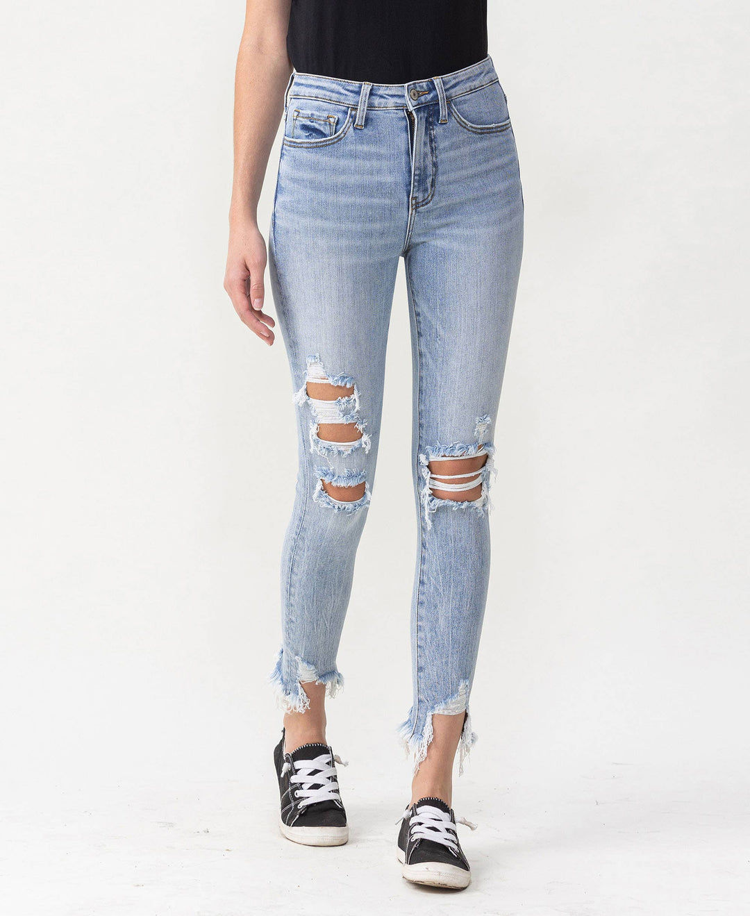 HIGH RISE DISTRESSED ANKLE SKINNY JEANS