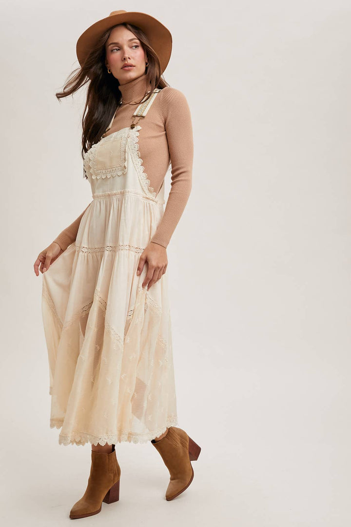 LACE EMBROIDERED TULLE BIB MAXI DRESS WITH LINING