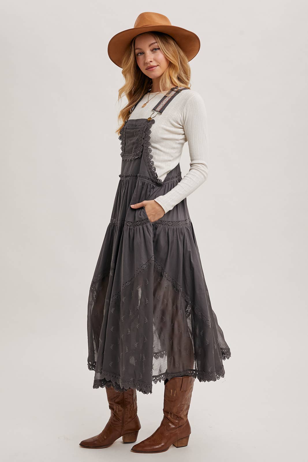 LACE EMBROIDERED TULLE BIB MAXI DRESS WITH LINING