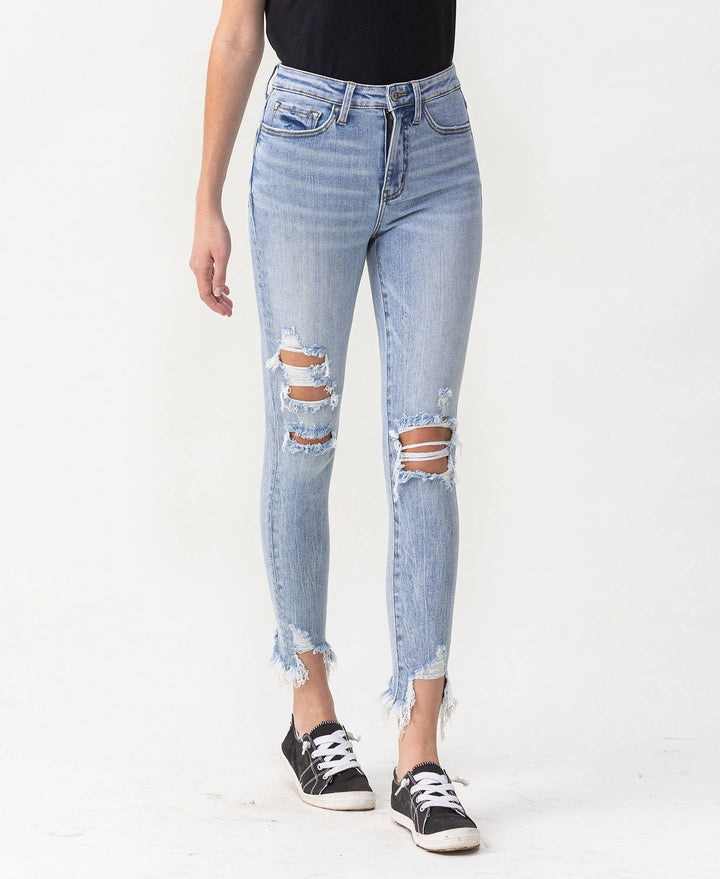 HIGH RISE DISTRESSED ANKLE SKINNY JEANS