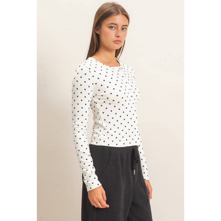 Polka Dot Button Front Long Sleeve Top