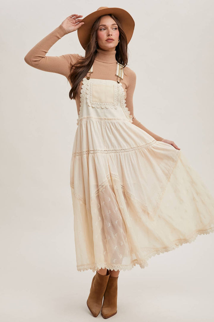 LACE EMBROIDERED TULLE BIB MAXI DRESS WITH LINING
