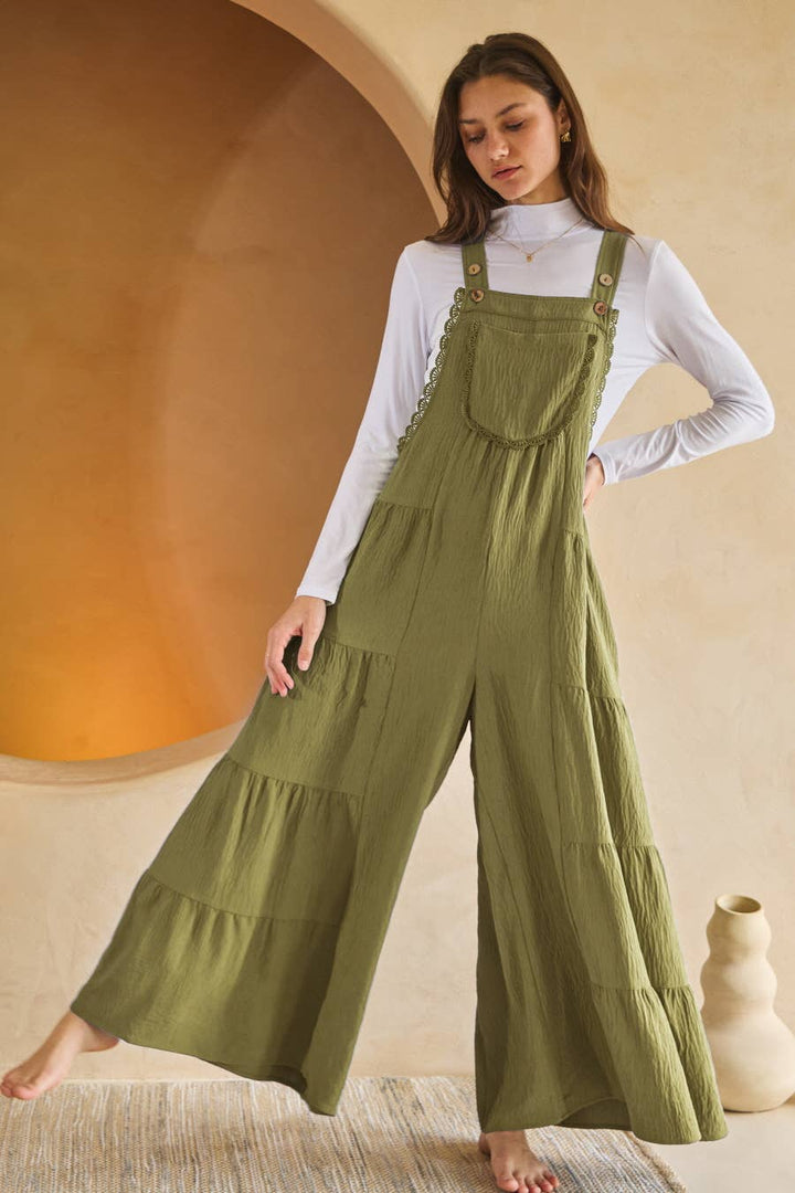 Solid Airflow Tired Wide Leg Overall Jumpsuit