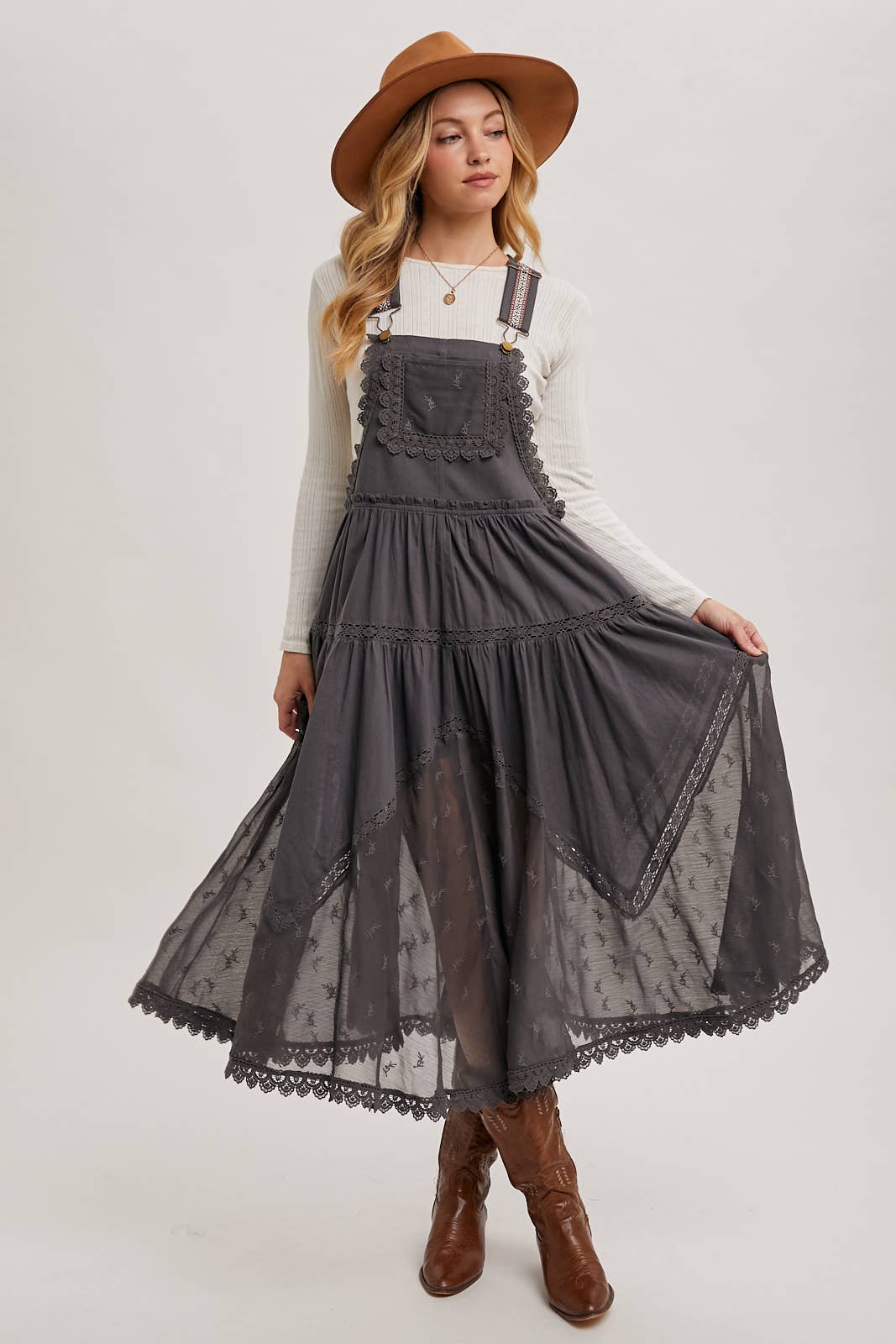 LACE EMBROIDERED TULLE BIB MAXI DRESS WITH LINING