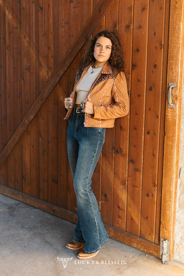 Brown Western Buckstitch Studded Faux Suede Jacket