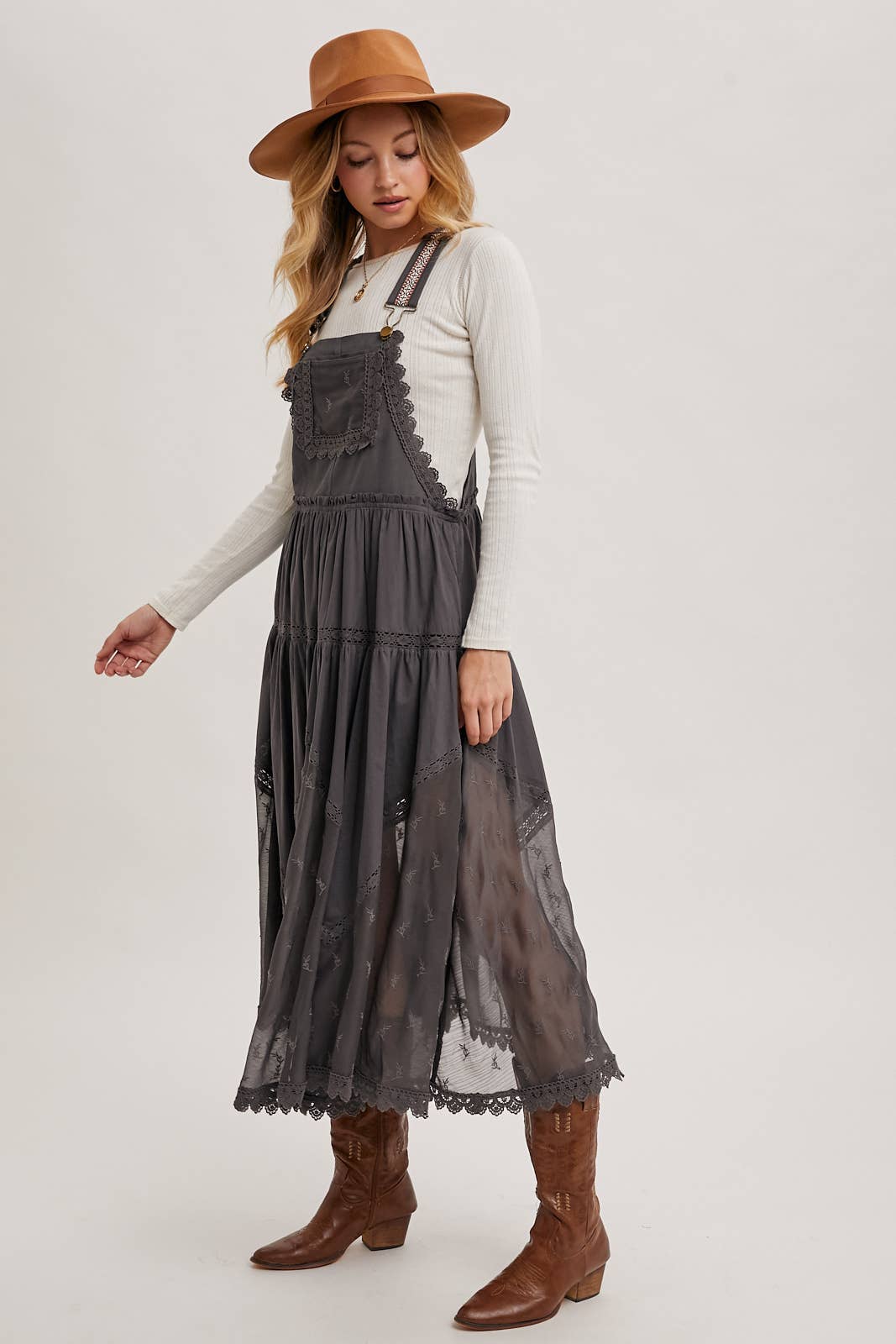 LACE EMBROIDERED TULLE BIB MAXI DRESS WITH LINING