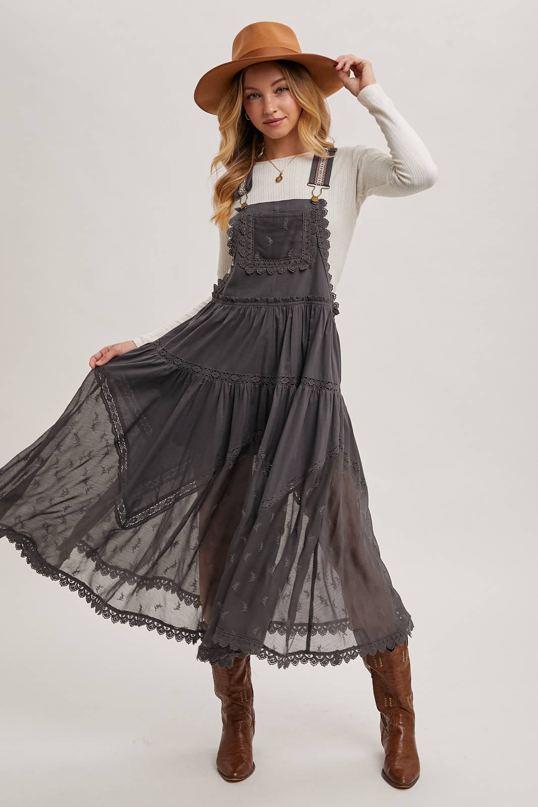LACE EMBROIDERED TULLE BIB MAXI DRESS WITH LINING