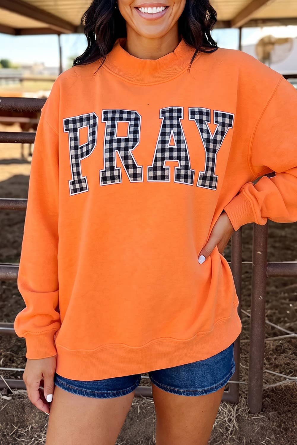 PRAY Plaid Mock Neck Sweatshirt- Orange