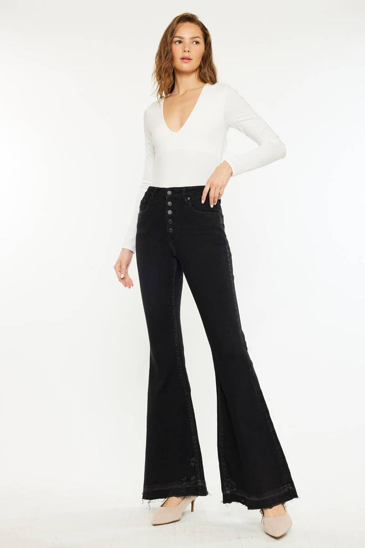 HIGH RISE FRAYED HEM SUPER FLARE JEANS-KC3020BK