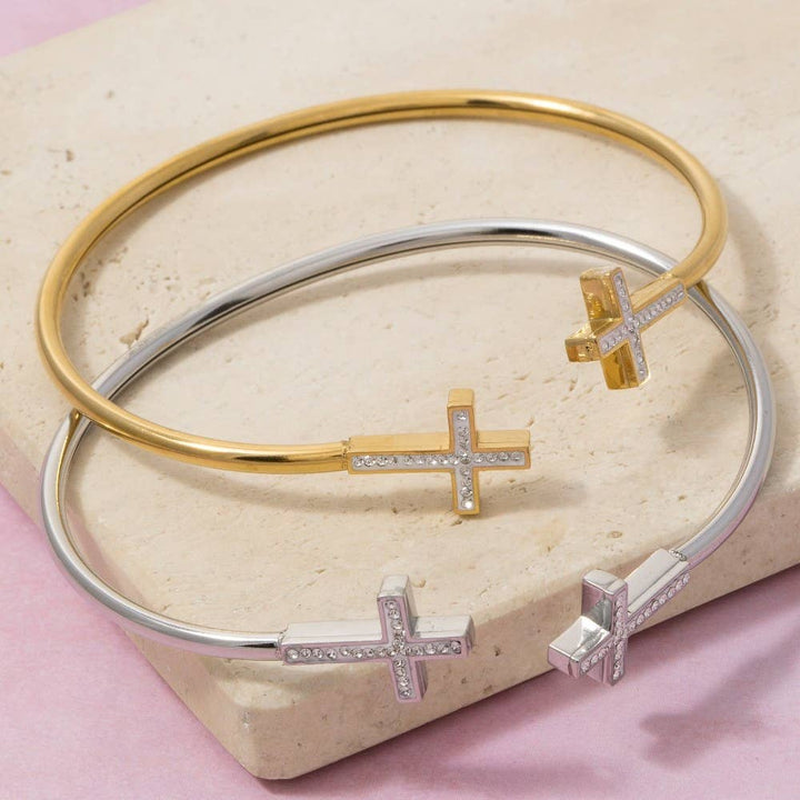 Stainless Steel Double Pave Cross Ends Cuff Bracelet