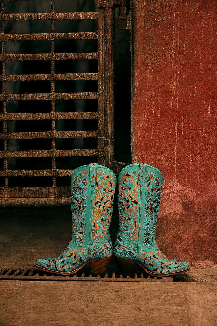Myra Turquoise Hand-Tooled Kasiopeah Boots